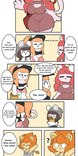 anthro band-aid bandage beanie black_clothing black_hat black_headwear black_shirt black_topwear blue_bottomwear blue_clothing blue_shorts bottomwear bow_ribbon breasts brown_hair cleavage clothed clothing dialogue dress eyelashes female grey_beanie grey_clothing grey_hat grey_headwear grey_shirt grey_tank_top grey_topwear groceries group hair hat headgear headwear inner_ear_fluff male orange_eyes orange_hair pink_bottomwear pink_clothing pink_shorts ponytail purse question_mark red_hair shirt short_tail shorts speech_bubble tail tank_top text topwear tuft white_inner_ear_fluff tonytoran drake_(tonytoran) erica_(tonytoran) tina_(tonytoran) tony_(tonytoran) chinchilla chinchillid domestic_cat felid feline felis lagomorph leporid lion mammal pantherine rabbit rodent absurd_res comic english_text hi_res