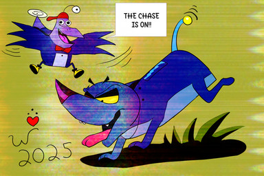 anthro backwards_baseball_cap backwards_hat baseball_cap beak bent_legs black_eyebrows black_eyes bow_tie breaking_the_fourth_wall clothing dialogue duo eye_bags eyebrows fangs feathered_wings feathers feral filter flapping_wings floating_eyebrows flying footwear grass half-closed_eyes hat headgear headwear heart_symbol helicopter_tail lines_drawn looking_at_viewer machine male metallic_body narrowed_eyes open_beak open_mouth outside pink_nose plant pointy_ears pointy_nose propeller purple_body purple_feathers raised_tail red_baseball_cap red_bow_tie running shoes simple_background size_difference smaller_anthro smile smiling_at_viewer speech_bubble spread_wings tail talking_to_viewer tan_background teeth text tongue tongue_out toony vhs_filter white_sclera wide_eyed wings yellow_clothing yellow_footwear yellow_sclera yellow_shoes wheeler-bertrand blaster's_universe cyberchase jumpstart_games math_blaster! nelvana pbs digit_(cyberchase) mel_(blaster's_universe) avian bird canid canine canis domestic_dog mammal robot robot_dog 2025 colored crossover dated digital_drawing_(artwork) digital_media_(artwork) english_text flat_colors hi_res redraw signature
