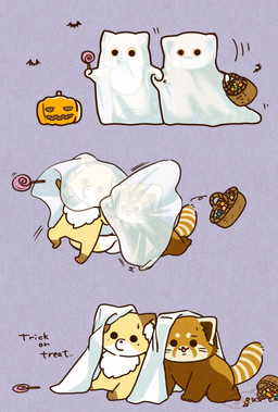 anthro biped black_eyes black_nose candy chibi clothing costume dessert dot_eyes duo food ghost_costume halloween_costume holidays kemono lollipop simple_eyes text shi_nominmin halloween ailurid canid canine fox mammal red_panda 2024 english_text hi_res