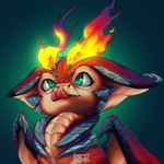 double_tongue ears_down fangs feral fire flaming_horn green_eyes iris male membrane_(anatomy) membranous_wings pivoted_ears quadruped red_body scales simple_background solo teeth tongue wings young young_feral toffy_fy league_of_legends mythology riot_games tencent smolder_(lol) dragon mythological_creature mythological_scalie scalie 1:1 hi_res