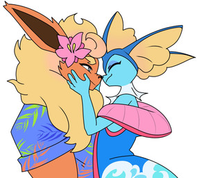 accessory aloha_shirt anthro blue_body clothing duo eyes_closed female flower flower_in_hair fur hair hair_accessory male male/female nose_to_nose nuzzling orange_body orange_fur pattern_clothing pattern_shirt pattern_topwear plant shirt simple_background swimwear topwear white_background odeko-yma nintendo pokemon pokemon_mystery_dungeon spike_chunsoft blitz_(odeko-yma) vivian_(odeko-yma) eeveelution flareon generation_1_pokemon pokemon_(species) vaporeon 2025 hi_res