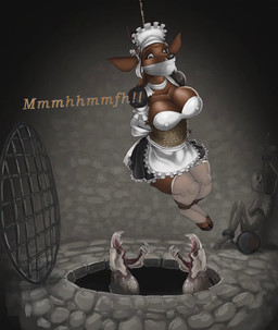 anthro apron bdsm bondage bone bottomwear bound captured cloth_gag clothing dungeon female gag headdress maid_uniform otm_gag peril profanity restraints rope rope_bondage skeleton skirt solo suspension ungagged uniform spiritalpha ishi_(spiritalpha) cervine deer hybrid mammal 2d_animation animated hi_res long_playtime no_sound webm