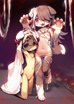 4_toes 5_fingers anthro arm_around_partner blue_eyes blush blush_lines bow_accessory breasts brown_eyes casual_nudity chest_tuft choker claws clothing costume countershade_fur countershade_torso countershading cute_fangs detailed_background dipstick_tail duo eyebrow_through_hair eyebrows fangs feet female female_anthro finger_claws fingers flat_chested floppy_ears fluffy fluffy_tail fur genitals ghost_costume gloves_(marking) grass grey_body grey_fur hair hair_between_eyes hair_over_eye halloween_costume heterochromatic_ears holidays ineffective_clothing jewelry kneeling leg_markings looking_at_viewer markings monotone_body monotone_fur mostly_nude_anthro mostly_nude_female multicolored_body multicolored_fur multicolored_hair mummy_costume mummy_wrappings necklace night nipples nude nude_anthro nude_female on_one_leg open_mouth open_smile outdoor_nudity outside pawpads plant pose pupils side_hug slit_pupils small_breasts smile social_nudity socks_(marking) standing surgical_suture tail tail_markings tan_body tan_fur teeth toe_claws toes tongue tongue_out translucent translucent_hair tuft two_tone_body two_tone_fur two_tone_hair vulva young young_anthro young_female pooding halloween canid canine mammal 2025 digital_drawing_(artwork) digital_media_(artwork) hi_res shaded