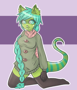braided_hair breasts clothing female green_body green_eyes hair kneeling legwear lips long_hair looking_aside scarf simple_background smile solo stockings glittermiilk sweet_pea_(kazu~) mammal procyonid raccoon 2015 hi_res