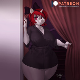 accessory anthro arched_eyebrow black_clothing black_hair black_robe bow_ribbon clothing curtains ear_piercing eyeshadow female hair hair_accessory hair_bow hair_ribbon horn makeup multicolored_hair piercing pupils purple_eyeshadow red_eyes ribbons robe slit_pupils solo text thick_thighs two_tone_hair kevinsano hasbro my_little_pony mythology fan_character lilith_(zajice) equid equine mammal mythological_creature mythological_equine unicorn 1:1 url