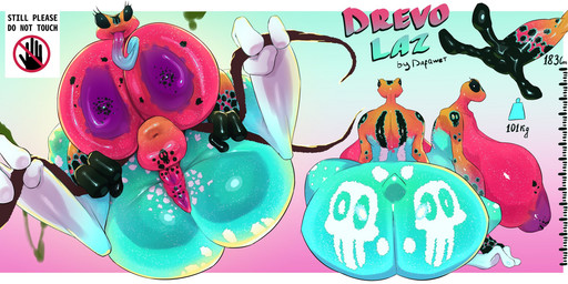anthro anus big_breasts big_butt branch breasts butt colorful_body female fupa genitals hanging_from_branch huge_breasts looking_at_viewer multicolored_body multicolored_skin nipples non-mammal_breasts non-mammal_nipples not_furry nude nude_anthro nude_female purple_nipples solo stats tail text thick_thighs tongue tongue_out vulva warning_sign warning_symbol dafqwet amphibian frog poison_dart_frog english_text hi_res