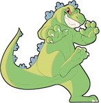 anthro black_eyes claws green_body green_nose green_scales green_tail male paw_pose pose raised_leg red_sclera scales sharp_teeth simple_background smile solo tail teeth toe_claws white_background white_claws white_toe_claws sushiamazing nickelodeon nickelodeon_all-star_brawl rugrats reptar dinosaur prehistoric_species reptile scalie theropod tyrannosaurid tyrannosauroid tyrannosaurus tyrannosaurus_rex 2023 digital_media_(artwork) hi_res