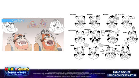 angry anthro beard black_markings blue_clothing blue_topwear blue_vest bodily_fluids burning chain_necklace clenched_teeth closed_smile clothing copyright_symbol derp_eyes determined directional_arrow ear_tuft ears_down empty_eyes eyes_closed facial_hair facial_markings fire frowning_at_viewer furrowed_eyebrows hair half-closed_eyes head_markings heart_symbol ill jewelry laugh long_ears looking_at_viewer male male_anthro markings mouth_closed narrowed_eyes necklace one_eye_closed open_mouth open_smile orange_beard orange_facial_hair pivoted_ears scared simple_background smile solo star_(shape) sweat sweatdrop symbol teeth text title tongue tongue_out topwear tuft tusks vest white_background white_beard white_facial_hair white_hair white_tongue wide_eyed year fabio_pochet mario_bros mario_plus_rabbids_sparks_of_hope nintendo raving_rabbids rayman_(series) ubisoft wildclaw_(mario_plus_rabbids) felid hybrid lagomorph mammal pantherine rabbid tiger 16:9 2022 4k absurd_res artist_name concept_art digital_drawing_(artwork) digital_media_(artwork) draw_over english_description english_text expression_sheet hi_res official_art shaded widescreen