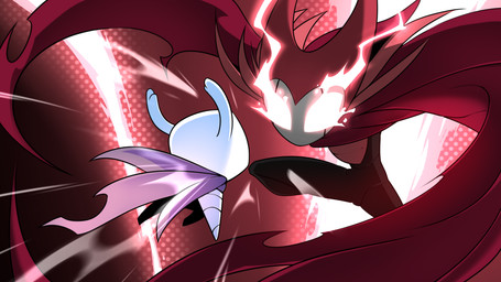 2_horns ambiguous_gender anthro battle biped black_body clothing duo holding_melee_weapon holding_object holding_weapon horn larger_ambiguous looking_at_another melee_weapon nail_(weapon) red_clothing size_difference smaller_ambiguous weapon negasimon hollow_knight_(franchise) team_cherry grimm_(hollow_knight) nightmare_king_grimm_(hollow_knight) the_knight_(hollow_knight) arthropod vessel_(species) 16:9 2026 absurd_res hi_res widescreen male_(lore)