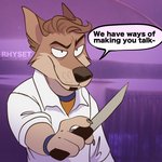 1:1 anthro brown_body brown_fur canid canine canis clothing domestic_dog english_text facial_hair fur gradient_background knife male mammal purple_background rhyset simple_background solo speech_bubble text unavailable_at_source weapon