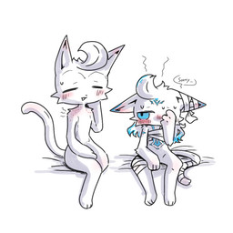 ambiguous_gender anthro apology bandage bandaged_chest bandaged_ear bandaged_leg bandaged_tail bedding bite_mark blue_markings blush bodily_fluids covering covering_face dialogue duo embarrassed eyes_closed glowing glowing_markings head_tuft looking_at_another markings nude_anthro simple_background sitting speech_bubble sweat tail text tuft u-naduki ponos_corp. the_battle_cats d'arktanyan_(the_battle_cats) d'artanyan_(the_battle_cats) domestic_cat felid feline felis mammal 1:1 english_text trans_(lore) trans_man_(lore)