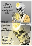 animated_skeleton bone bone_hand bright_light clothing death_(personification) dialogue english_text glowing humanoid jenny_jinya looking_down loving_reaper male robe role_reversal skeleton skull skull_head solo text undead yellow_glow yellow_light