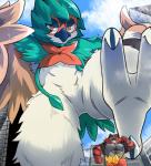 ambiguous_gender anthro avian barefoot biceps big_muscles biped bird black_body black_fur cel_shading city day decidueye detailed_background digital_media_(artwork) duo feathered_wings feathers featureless_crotch feet felid foreshortening fur generation_7_pokemon hi_res incineroar larger_ambiguous looming low-angle_view macro male mammal mayar muscular muscular_male naturally_censored nintendo nude on_one_leg outside pecs perspective pokemon pokemon_(species) pseudo_clothing red_body red_fur running semi-anthro shaded size_difference smaller_male solo_focus standing stomping wings worm's-eye_view