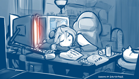 anthro chair chips_(food) clothed clothing computer desk electronics eyes_closed female feral food food_in_mouth furniture headphones inside keyboard leaning leaning_forward monitor pretzel_(food) sitting sleeping solo table conditional_dnp tom_fischbach twokinds laura_(twokinds) canid canine domestic_cat felid feline felis fox keidran mammal red_fox true_fox 2020 7:4 adobe_photoshop_(artwork) digital_media_(artwork) hi_res monochrome sketch