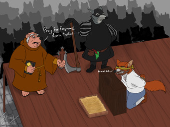 age_difference anthro axe beard bodily_fluids facial_hair group imminent_death male older_male overweight priest public public_execution sweat sweat_mark sweaty_armpit sweaty_body text trio stinkycoyote disney robin_hood_(disney) friar_tuck robin_hood sheriff_of_nottingham badger canid canine canis fox mammal mustelid musteline wolf 4:3 absurd_res english_text hi_res