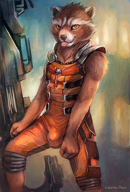 anthro biped bulge clothed clothing fully_clothed gun looking_at_viewer male ranged_weapon solo spandex standing suit tight_clothing tongue tongue_out weapon yellow_eyes cheetahpaws guardians_of_the_galaxy marvel rocket_raccoon mammal procyonid raccoon 2014 hi_res
