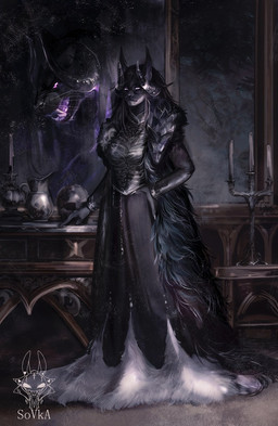 altered_reflection anthro black_body black_fur bone candle clothed clothing decanter_(object) fangs female fur horn mirror pointy_ears purple_eyes purple_glow reflection skull skull_head solo teeth drawing_sofa demon felid mammal