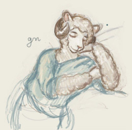 anthro arm_support blue_clothing blue_shirt blue_topwear clothing ears_up eyes_closed fur horn leaning leaning_on_elbow male shirt solo text topwear wool_(fur) reynard_goodfellow microsoft microsoft_paint_(copyright) reynard_the_baa bovid caprine mammal sheep
