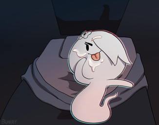 accessory bed bodily_fluids cum cum_on_face female furniture genital_fluids hair hair_accessory loli lying not_furry on_bed simple_background smile solo tongue tongue_out young young_female bumpty_(artist) cartoon_network the_amazing_world_of_gumball carrie_krueger ghost spirit