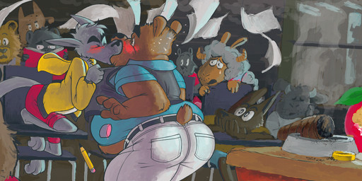 4_fingers anthro apple blue_bottomwear blue_clothing blue_pants blue_shirt blue_t-shirt blue_topwear blush book bottomwear butt chair cigar class classroom clothed clothing desk eyes_closed fingers food forced forced_kiss fruit fully_clothed furgonomics furniture group holding_book holding_object hoodie inside kissing male midriff on_chair on_desk overweight pants pencil_(object) pink_eyes plant rear_view red_bottomwear red_clothing red_pants school shirt slim standing student surprise_kiss t-shirt table teacher teacher_and_student thick_thighs thin_calves thin_legs thin_thighs topwear white_clothing white_shirt white_topwear writing_utensil yellow_clothing yellow_eyes yellow_hoodie yellow_topwear bondagefanart bear canid canine canis mammal wolf digital_drawing_(artwork) digital_media_(artwork) hi_res