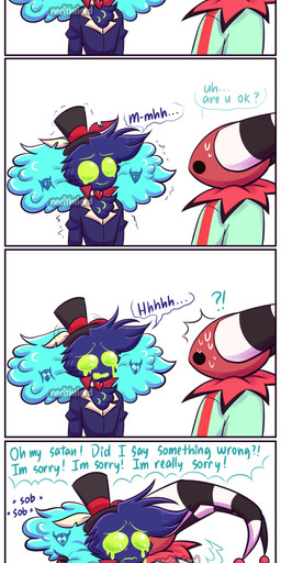 4_fingers 6_panel_comic anthro blue_body blue_clothing blue_feathers blue_shirt blue_topwear bodily_fluids border chest_tuft clothing clown_costume crying dialogue duo ellipsis feather_hair feathers fingers flirting fluffy fluffy_chest forehead_tattoo green_eyes green_onesie green_sclera hat headgear headwear horn hug male one_eye_closed onesie pick-up_line pseudo_hair red_body red_eyes red_skin sad shaking shirt simple_background small_hands smile speech_bubble striped_horn stripes sweat tears text top_hat topwear tuft watery_eyes white_background white_border wink norithelord hellaverse helluva_boss asmodeus_(helluva_boss) fizzarolli_(helluva_boss) avian avian_demon bird demon galliform humanoid imp phasianid 2022 absurd_res artist_name comic english_description english_text hi_res long_image tall_image watermark