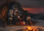 2018 absurd_res anthro axe breasts campfire clothed clothing cloud detailed_background digital_media_(artwork) english_text fangs felid female fire fur hair helena_sif_(elfox) hi_res honovy legwear long_hair mammal melee_weapon outside pantherine shield smaller_version_at_source snow snow_leopard solo sunset teeth text tiger toeless_legwear weapon