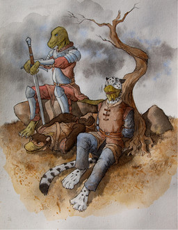 4_toes 5_fingers anthro armor arms_tied barefoot belt black_ears black_spots blue_eyes bottomwear bound brown_eyes claws cloth_gag clothed clothing cloud dead_tree digitigrade dipstick_tail dry_grass eyes_closed facial_scar feet fingers fur gag gagged greaves group hands_behind_back lying male markings melee_weapon multicolored_tail on_front on_ground outside pants plant rock rope scar sitting sky spaulder spots spotted_body spotted_fur sword tail tail_markings toes tree vambrace weapon 0laffson azemn_(steinwill) mack_reinhardt bear felid lizard mammal pantherine reptile scalie snow_leopard 2015 hi_res traditional_media_(artwork)