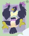 angry anthro bodily_fluids clothed clothing diaper diaper_change genital_fluids grumpy looking_at_viewer male peeing solo text unclean_diaper urine used_diaper wearing_diaper wet_diaper wetting bubblepuppers gambit_(the_corvid) avian bird corvid oscine passerine 4:5 english_text hi_res