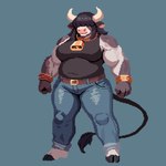 2_horns anthro belly belt belt_buckle biceps big_breasts blue_bottomwear blue_clothing blue_jeans blue_pants bottomwear breasts brown_belt buckle clothing cowbell cowbell_collar cuffed_jeans denim denim_bottomwear denim_clothing female female_anthro front_view fur hair hair_over_eyes hooves horn jeans mouth_closed multicolored_body multicolored_fur muscular muscular_anthro muscular_female navel_outline pants pivoted_ears shirt simple_background sleeveless_shirt solo tail tail_tuft tank_top thick_thighs topwear tuft cloakofwit bovid bovine cattle mammal 2024 digital_media_(artwork) full-length_portrait pixel_(artwork) portrait