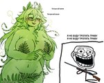 ambiguous_gender anthro blush breasts convenient_censorship duo female green_body green_hair gun hair navel plant ranged_weapon shotgun stick_figure teeth text trollface weapon yellow_eyes kmnsaur_(artist) elemental_creature flora_fauna human mammal 2024 meme russian_text translated url