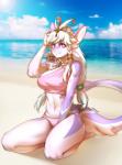 accessory anthro barefoot beach biped blonde_hair blurred_background breasts clothing cloud detailed_background feet female glistening hair hair_accessory kneeling lens_flare light long_hair looking_at_viewer navel non-mammal_breasts outside pink_clothing pink_eyes pink_swimwear purple_body purple_skin reflection seaside seiza sitting smile smiling_at_viewer solo sun sunny swimwear tail tied_hair water water_reflection white_body white_hair white_skin pgm300 mythology aruri aquatic_dragon dragon marine mythological_creature mythological_scalie scalie 2018 absurd_res digital_media_(artwork) hi_res lighting shaded signature