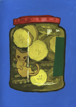 ambiguous_gender blue_background container feral food glass in_container in_jar jar lid looking_at_viewer micro pickle_(food) simple_background solo whiskers kellypringleart domestic_cat felid feline felis mammal 2025 hi_res