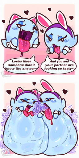 belly big_belly blush bodily_fluids burp_cloud burping burping_in_face digestion duo fake_cat_ears fake_ears fake_rabbit_ears female female/female female_pred fully_inside hanging_belly huge_belly open_mouth oral_vore orb rumbling_stomach saliva saliva_string simple_background size_difference smile teeth text tongue tongue_out uvula vore cami_gz mario_bros nintendo paper_mario paper_mario:_the_thousand_year_door lahla_(mario) peeka_(mario) boo_(mario) ghost spirit 1:2 digital_media_(artwork) english_text hi_res sibling_(lore)