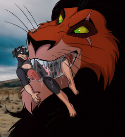 animal_genitalia animal_penis anthro black_body black_fur bodily_fluids canine_genitalia canine_penis drooling duo erection eye_scar facial_scar fangs fur genitals green_eyes imminent_vore male male/male micro nude orange_body orange_fur penis saliva scar size_difference teeth vore yellow_sclera algaroo disney the_lion_king gunner_rotthbauer scar_(the_lion_king) canid canine canis domestic_dog felid lion mammal pantherine hi_res