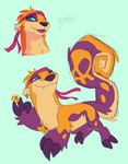 ambiguous_gender fangs feral fur orange_body orange_fur purple_body purple_fur smile solo tailbutt teeth bitelava neopets lutari mammal mustelid neopet_(species) 2018 hi_res model_sheet warm_colors