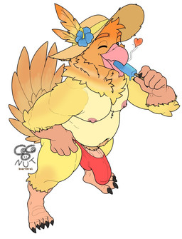 anthro areola barbell_piercing barely_contained barely_contained_penis beak big_penis body_hair clothed clothing feathers feet food genitals happy_trail hat headgear headwear high-angle_view humanoid_genitalia humanoid_hands humanoid_penis looking_at_viewer male navel nipple_barbell nipple_piercing nipples non-mammal_nipples one_eye_closed orange_body orange_feathers penis piercing pink_areola pink_beak pink_nipples pink_tongue popsicle popsicle_in_mouth popsicle_melting red_clothing red_thong red_underwear simple_background slightly_chubby slightly_chubby_anthro slightly_chubby_male solo standing sun_hat tail tail_feathers talons thong toes tongue topless topless_anthro topless_male underwear vein veiny_penis white_background wink winking_at_viewer yellow_body yellow_feathers coconut_boarthrel noodle_(stickyfeathers) avian bird 2026 digital_drawing_(artwork) digital_media_(artwork) hi_res