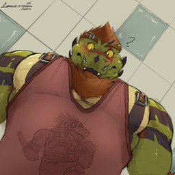 anthro barbell_piercing blush body_hair brown_hair brown_nipples chest_hair circular_barbell_piercing clothed clothing eyebrow_piercing eyebrow_ring facial_piercing front_view glistening glistening_eyes green_body green_scales hair inside looking_at_viewer looking_down male multiple_piercings muscular muscular_anthro muscular_male nipples nose_piercing pecs piercing red_clothing red_topwear ring_piercing scales septum_circular_barbell septum_piercing short_hair solo topwear yellow_eyes crazydrak dorohedoro alex_(jrbart) kaiman_(dorohedoro) crocodile crocodilian reptile scalie 1:1 2024 dated hi_res signature