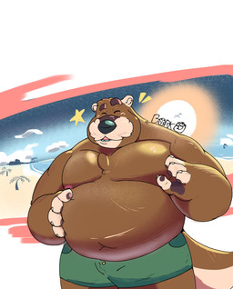 anthro beach belly big_belly bottomwear brown_body clothing eyes_closed male moobs navel nipples outside overweight overweight_male palm_tree plant seaside shorts solo sun swimwear tree borkbiscuits mammal mustelid otter 2023 hi_res