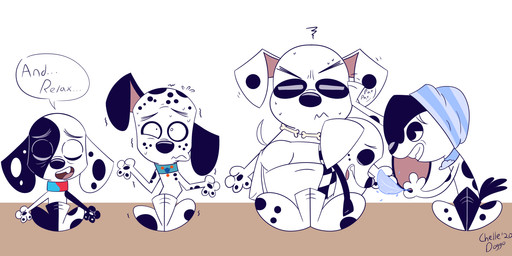 belly black_ears black_nose black_spots clothing feral freckled_face freckles fur group male markings pattern_clothing pattern_scarf scarf spots spotted_body spotted_fur striped_clothing striped_scarf stripes toony trio white_body white_fur chelledoggo 101_dalmatian_street 101_dalmatians disney dan_(bubbledgun) dawkins_(101_dalmatians) deepak_(101_dalmatians) demmi_(bubbledgun) dezzi_(bubbledgun) fan_character canid canine canis dalmatian domestic_dog mammal hi_res