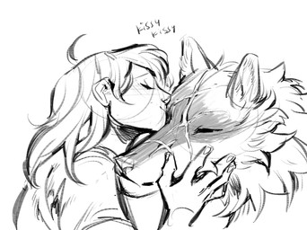 affectionate anthro caressing caressing_face clothed clothing duo eyes_closed facial_markings facial_scar female fluffy hair head_markings kissing long_hair love male male/female markings mask_(marking) pointy_ears prick_ears scar simple_background smile snout snout_scar text white_background scribbleshanks dreamworks puss_in_boots_(franchise) death_(puss_in_boots) fan_character canid canine canis human mammal wolf english_text monochrome sketch