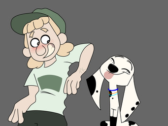 black_nose black_spots blonde_hair blue_collar bottomwear clothing collar duo female feral floppy_ears freckled_face freckles fur green_bottomwear green_cap green_clothing green_hat green_headwear green_shorts hair hat headgear headwear leg_markings light_body light_skin long_ears markings orange_collar shirt shorts smile socks_(marking) spots spotted_body spotted_fur t-shirt tongue tongue_out topwear white_body white_clothing white_fur white_shirt white_t-shirt white_topwear crumbtoxickitty 101_dalmatian_street 101_dalmatians disney pixar win_or_lose dolly_(101_dalmatians) laurie_(win_or_lose) canid canine canis dalmatian domestic_dog human mammal 4:3 crossover hi_res