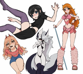5_fingers anthro arm_tattoo arm_tuft bikini black_bikini black_bottomwear black_clothing black_hair black_skirt black_swimwear black_topwear blonde_hair blue_bottomwear blue_clothing blue_eyes blue_shorts bottomwear bow_ribbon bracelet breasts brown_eyes clothed clothed_anthro clothed_female clothed_human clothing ear_piercing elbow_tuft eyebrows eyelashes female female_anthro female_human fingers footwear front_view fur grey_body grey_fur grey_hair group hair jewelry legwear light_body light_skin long_hair mouth_closed navel notched_ear open_mouth orange_hair piercing pink_bottomwear pink_clothing pink_shorts pink_topwear red_sclera sandals sharp_teeth shoes shorts simple_background skirt small_breasts small_waist swimwear tail tattoo teeth thick_thighs thigh_highs topwear tuft two-piece_swimsuit wasp_waist white_background white_body white_fur gurumo chainsaw_man hellaverse helluva_boss hotel_transylvania mythology one_piece toei_animation loona_(helluva_boss) mavis_dracula nami_(one_piece) power_(chainsaw_man) canid canid_demon canine demon hellhound human mammal mythological_canine mythological_creature vampire 2025 digital_drawing_(artwork) digital_media_(artwork)