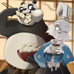 4_fingers anthro asian_clothing black_body black_ears black_fur black_nose blue_clothing blue_kimono blurred_background bottomwear brown_bottomwear brown_clothing brown_pants cheek_bulge cheek_tuft chopsticks claws clothed clothed_anthro clothed_male clothing container cup dumplings duo east_asian_clothing eating eating_dumplings eating_food eye_contact facial_tuft fangs fingers food frowning_at_another fur grey_body grey_claws grey_fur holding_chopsticks holding_container holding_cup holding_object inside japanese_clothing kimono light long_ears looking_at_another male multicolored_body multicolored_fur one_eye_closed overweight overweight_anthro overweight_male pants ponytail_ears smile smiling_at_another standing steam teeth topless topless_anthro topless_male tuft two_tone_body two_tone_fur unimpressed white_body white_fur daniel_middleton dreamworks kung_fu_panda usagi_yojimbo master_po_ping miyamoto_usagi bear giant_panda lagomorph leporid mammal rabbit 1:1 2024 absurd_res colored crossover digital_drawing_(artwork) digital_media_(artwork) english_description hi_res lighting shaded