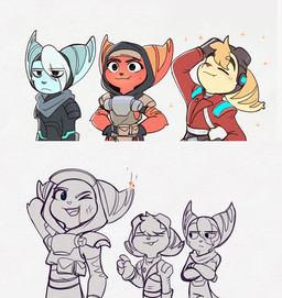 anthro armor blue_body blue_fur crossed_arms eyebrows eyelashes eyes_closed eyewear eyewear_on_head female fire fur goggles goggles_on_head group hands_on_hips hood male one_eye_closed red_body red_fur smile striped_body striped_fur stripes trio wink yellow_body yellow_fur time_fluffy500 ratchet_and_clank sony_corporation sony_interactive_entertainment mopz_(ratchet_and_clank) sprocket_(ratchet_and_clank) widget_(ratchet_and_clank) lombax mammal 2025 hi_res