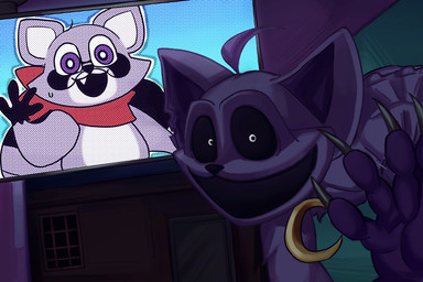 anthro claws door duo electronics feral gesture jewelry looking_at_viewer male monitor necklace open_mouth smile waving window sosuokk indigo_park mob_entertainment poppy_playtime smiling_critters catnap_(poppy_playtime) rambley_raccoon critters_(poppy_playtime) domestic_cat felid feline felis mammal procyonid raccoon absurd_res crossover hi_res