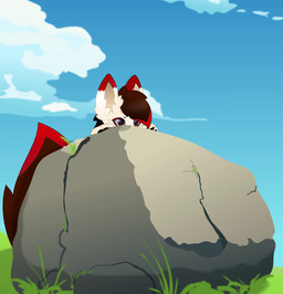 anthro cheek domestic fingers fluffy fur grass inner kemono male pawpads paws peek plant rock tail tuft ruuji canid canine canis domestic_dog fox mammal wolf animated hi_res no_sound short_playtime