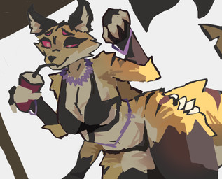 4_arms 4_eyes anthro beverage bikini claws clothing female fluffy fur gloves handwear legwear multi_arm multi_eye multi_limb multicolored_body multicolored_fur red_eyes solo stockings swimwear tail two-piece_swimsuit white_body white_fur yellow_body yellow_fur doom_pidgeon spixen_(a-hunt) arachnid arthropod canid canine fox mammal spider hi_res