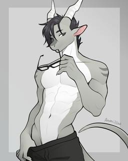 5_fingers abs animal_ears anthro athletic athletic_male black_bottomwear black_clothing black_pants bottomwear bottomwear_pull broad_shoulders calm clothed clothing clothing_pull dragon_horn dragon_tail eyewear fingernails fingers glasses green_eyes grey_background grey_body grey_hair hair horn looking_at_viewer male medium_hair midriff mouth_closed nails navel pants pants_pull pecs sharp_fingernails sharp_nails simple_background solo standing tail text the_pose topless white_body white_horn anonialko european_mythology mythology dragon mythological_creature mythological_scalie scalie western_dragon wingless_dragon absurd_res artist_name half-length_portrait hi_res portrait