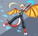 anthro blonde_hair bottomwear clothed clothing fully_clothed green_eyes hair male membrane_(anatomy) membranous_wings pants short_hair solo tail wings rimfire mythology yao_(rimfire) dragon mythological_creature mythological_scalie scalie 2009