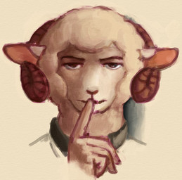 anthro clothed clothed_anthro clothed_male clothing ears_down fur horn looking_at_viewer male pivoted_ears shirt solo topwear wool_(fur) reynard_goodfellow reynard_the_baa bovid caprine mammal sheep meme